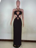 Sexy Black Hollow-Out Slit Halter Maxi Dress