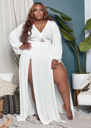 Plus Size White High Slit V-Neck Long Sleeve Maxi Dress