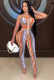 Print Striped Sexy Cutout Tie Front Cami Bodycon Jumpsuit