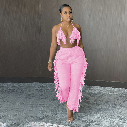 Pink Sexy Tassels Bra and Pants Two Piece Outfits