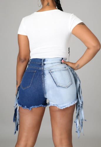 Casual Contrast Ripped Fringe Denim Shorts