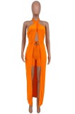 Orange Wrap Halter Long Top and Shorts Two Piece Set