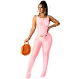 Pink Hollow Out Knitted Sexy Cover Up Beach Jumpsuit