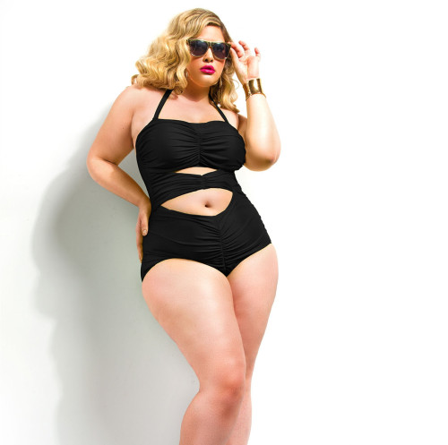 Plus Size Black Underwired Cut Out Halter Sexy One Piece Swimsuit