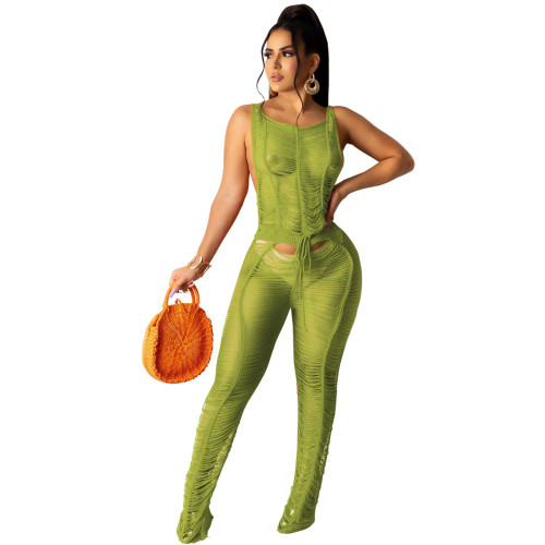 Green Hollow Out Knitted Sexy Cover Up Beach Jumpsuit