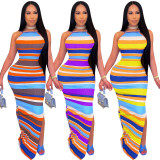 Multicolor Striped Backless Slit Maxi Dress