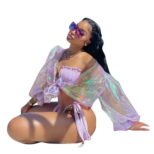 Sunblock Puff Sleeve Tie Front Cover-Up Tops Beachwear