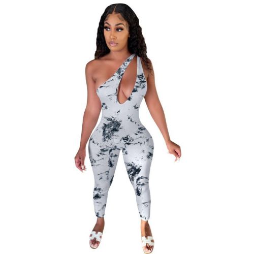 Print White One Shoulder Cut Out Sexy Bodycon Jumpsuit