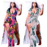 Sexy Green Leaf Print Wrap Crop Top Slit Two Pieces Set