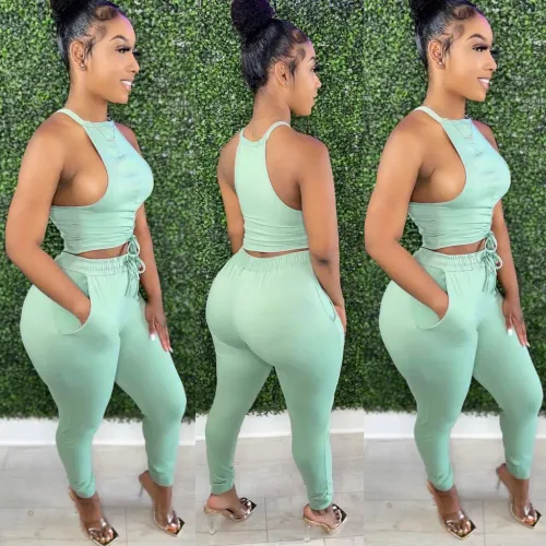 Solid Ruched Halter Tank Top and Pants Set