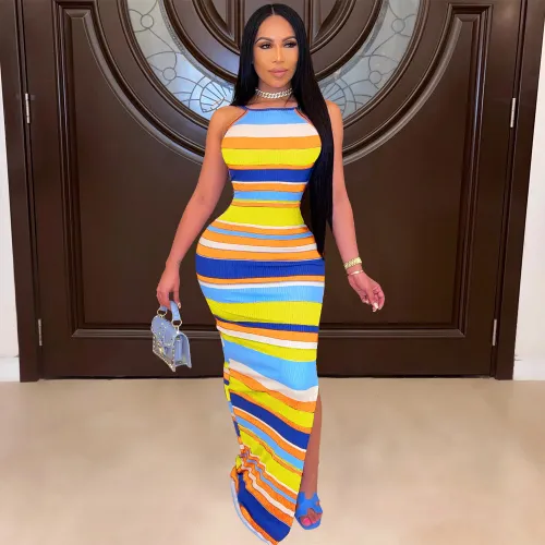 Multicolor Striped Backless Slit Maxi Dress