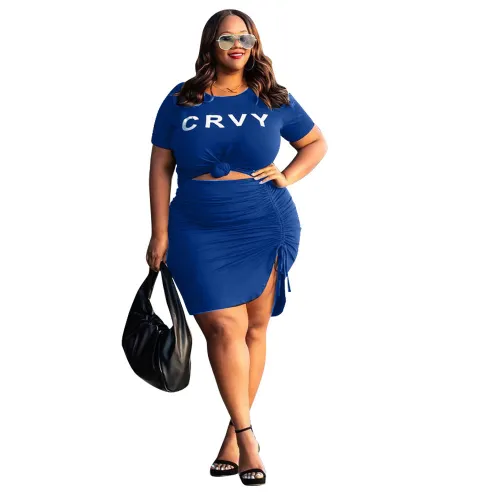 Plus Size Blue Knot Print Letter Top and Drawstring Skirt 2PCS Set