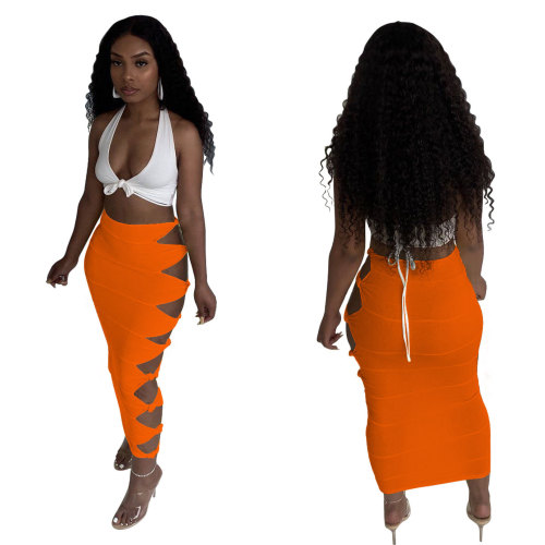 Orange Knot Hollow Out Sexy Long Skirt