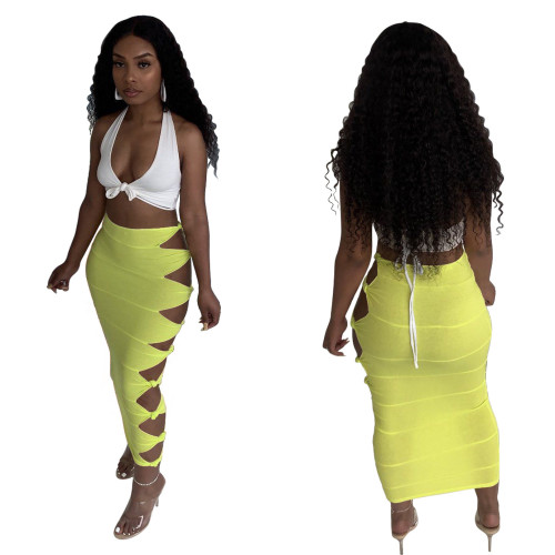Yellow Knot Hollow Out Sexy Long Skirt