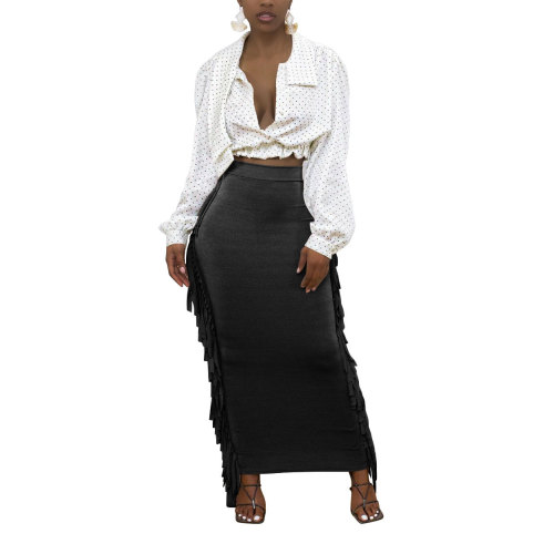 Black Sides Fringe Bodycon Long Skirt