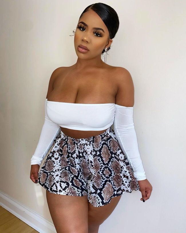 Sexy White Off Shoulder Crop Top and Snakeskin Mini Skirt Set