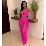 Sexy Pink Cut Out One Piece Swimsuit and Cover-Up Ruffle Pants