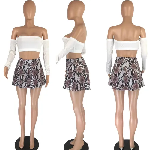 Sexy White Off Shoulder Crop Top and Snakeskin Mini Skirt Set