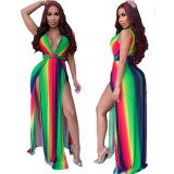 Striped Multicolor Plunge Neck Sleeveless Slit Maxi Dress