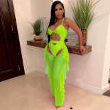 Neon Green Cut Out One Piece Swimsuit and Cover-Up Ruffle Pants