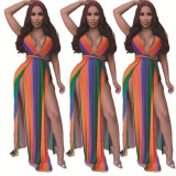 Striped Multicolor Plunge Neck Sleeveless Slit Maxi Dress
