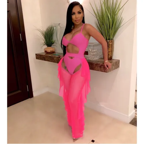 Sexy Pink Cut Out One Piece Swimsuit and Cover-Up Ruffle Pants