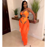 Sexy Orange Cut Out One Piece Swimsuit and Cover-Up Ruffle Pants