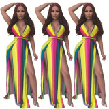 Striped Multicolor Plunge Neck Sleeveless Slit Maxi Dress