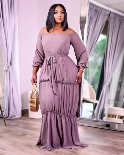 Plus Size Solid Off Shoulder Frilled Long Dress with Belt