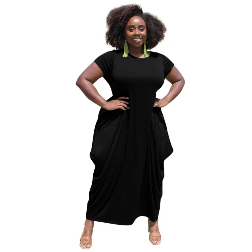 Black Short Sleeve Irregular Long Casual Dress