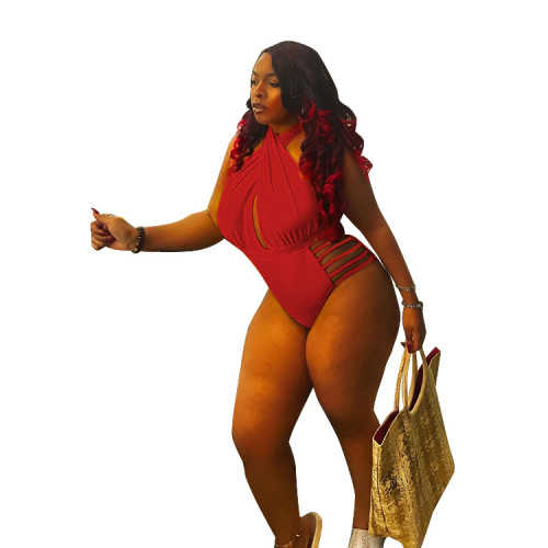 Plus Size Red Hollow Out Cross Neck One Piece Swimwear