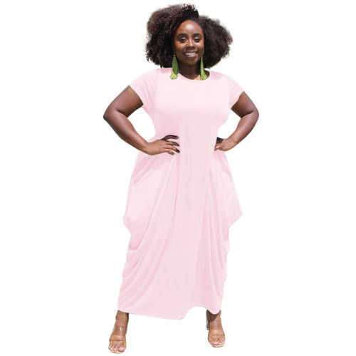 Solid Pink Short Sleeve Irregular Long Casual Dress