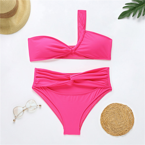One Shoulder Hot Pink Bikini Set