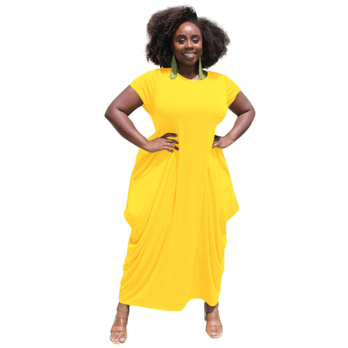 Yellow Short Sleeve Irregular Long Casual Dress