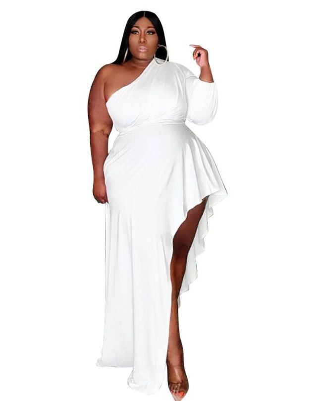 Plus Size White One Shoulder Ruffle Irrregular Long Dress