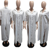 White Half Sleeve Slit Long Shirt Dress