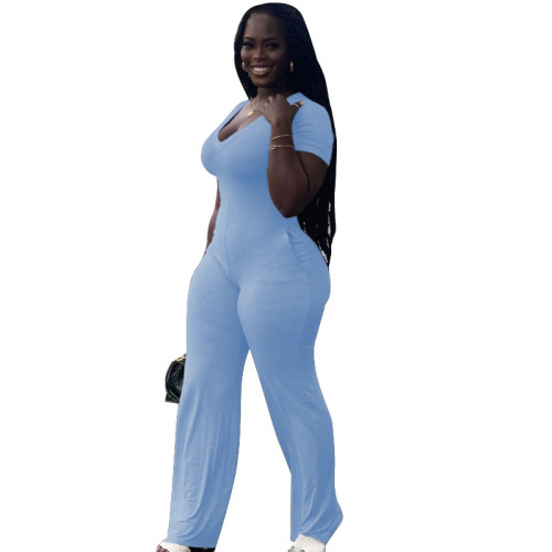 Plus Size Blue Cotton Blends Jumpsuit with Pockets