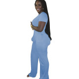 Plus Size Blue Cotton Blends Jumpsuit with Pockets