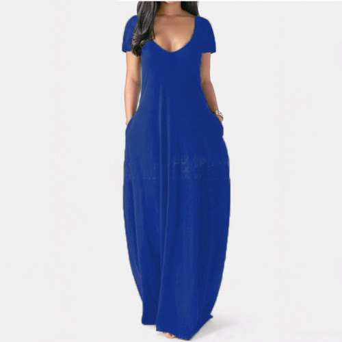 Blue U-Neck Sexy Loose Short Sleeve Maxi Dress