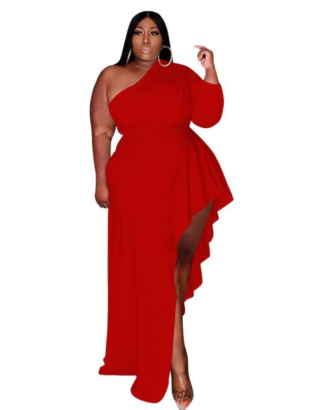 Plus Size Red One Shoulder Ruffle Irrregular Long Dress