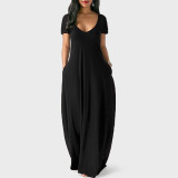 Solid Black U-Neck Sexy Loose Short Sleeve Maxi Dress