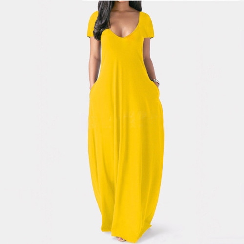 Yellow U-Neck Sexy Loose Short Sleeve Maxi Dress