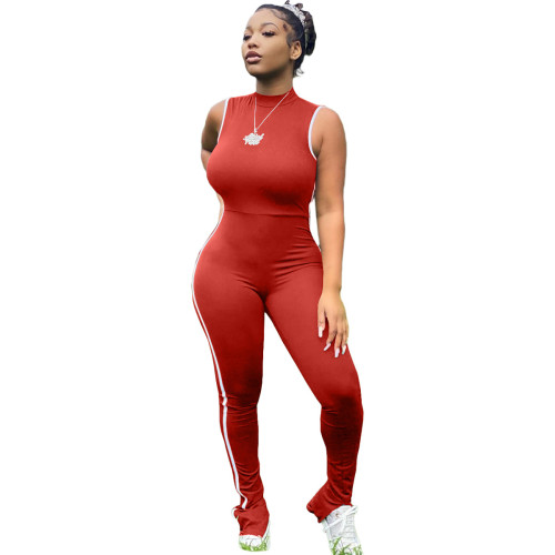 Sexy Side Striped Red Sports Sleeveless Slit Bodycon Jumpsuits