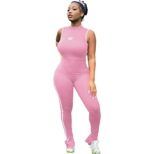 Sexy Side Striped Sports Pink Sleeveless Slit Bodycon Jumpsuits