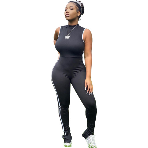 Sexy Side Striped Black Sports Sleeveless Slit Bodycon Jumpsuits