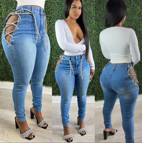 Sexy Lihgt Blue Hollow Out Lace-Up Tight Denim Jeans