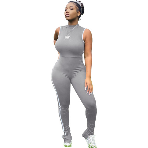 Gray Side Striped Sports Sleeveless Slit Bodycon Jumpsuits