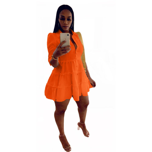 Orange Collar Button Up Frilled A-line Short Dress