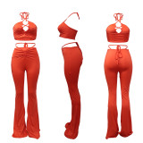 Orange Hollow Out Halter Crop Top and Flare Pants Two Piece Outfits