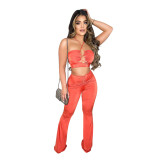 Blue Hollow Out Halter Crop Top and Flare Pants Two Piece Outfits